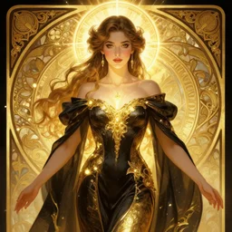 digital character concept art by artgerm greg rutkowski alphonse mucha sylvain sarrailh of young demi moore as a d & d sorceress, black and gold dress, perfect likeness, clear portrait, holy body! light effect. hyper detailed, glowing lights!! intricate, elegant, digital painting, artstation, smooth, sharp focus