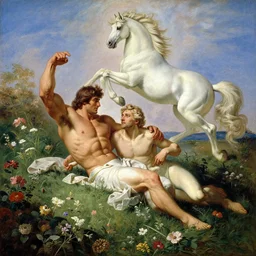 muscular hercules and muscular achilles frolic in a meadow of beautiful flowers, a pegasus soars above them, painting by gaston bussiere, craig mullins, j. c. leyendecker,