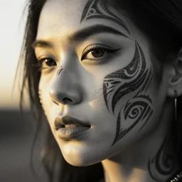 closeup photo of a beautiful woman face with tribal tattoos on face, golden hour, 8 0 mm lens, bw photo
