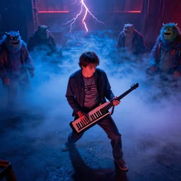 dwight schrute playing the keytar aggressively, dramatic scene, heavy blue fog, red lightning, ultra wide angle, movie still, photorealistic, stranger things, netflix, upside - down, colorful lighting, grainy, aerial shot, shot from above, movie still, monsters in background holding back