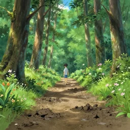 deep muddy forest on a sunny day walkway panorama, blooming, animation background painting gouache by makoto shinkai pixar disney kyoto animation makoto shinkai