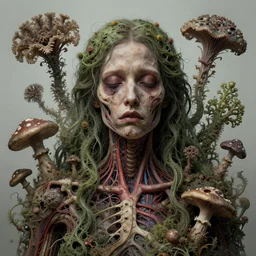 very sad and detailed rotten woman corpse with fractal plants and fractal flowers and mushrooms growing around, face muscles, veins, arteries, intricate, ornate, surreal, ray caesar, john constable, guy denning, dan hillier