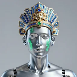 head of a silver metallic shiny male humanoid robot, face has a tattoo of green glowing digital circuits, wearing a huge glowing blue and golden metallic maya sparkling diadem with blue cables and shiny metallic gears, white background - c 1 3 - w 1 0 2 4 - h 1 0 2 4 - n 4 - i
