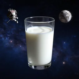 a glass of milk in outerspace