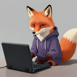 an anthropomorphic fox in a hoodie sitting in front of a portable black computer, concept art, digital art, highly detailed, anime, by hayao miyazaki