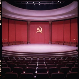 60s movie still of a sovietic stalinist style empty soviet congress with red wall, LOMOCHROME PURPLE FILM 100-400 35MM, liminal Space style, heavy grain