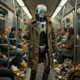 detail image of homeless robot in torn coat in subway car full of garbage, dramatic lighting, highres textures, ambient occlusion, volumetric lighting, octane render, unreal engine 5, frame from movie of weta digital, ilm, digital domain, style of brian froud, raytracing