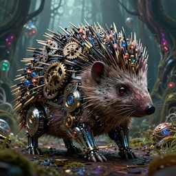 giant intricate mechanical hedgehog with cybernetic enhancements and visible gears and fiber optics, on the background of a weird magical mechanical forest. Very detailed 8k. Fantasy cyberpunk horror. Sharp. Cinematic post-processing. Unreal engine. Nanite. Ray tracing. Parallax. Tessellation