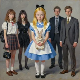 pop surrealism, lowbrow art, realistic cute alice girl holding a bunny painting, japanese street fashion, hyper realism, muted colours, rococo, natalie shau, loreta lux, tom bagshaw, mark ryden, trevor brown style