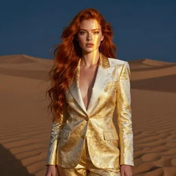 portrait of a girl with long red hair, very beautiful style, girl, in a gold suit, her in a white suit blonde, desert, dunes, photorealism, night in the desert, her face illuminated by golden raysedgard maxence,