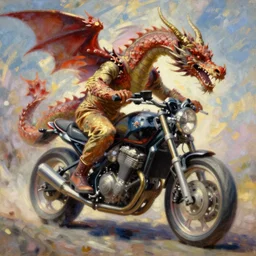 motorcycle dragon, john singer sargent, detailed surreal oil on canvas painting, dynamic composition