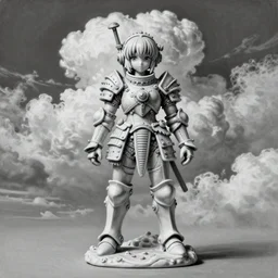 By Tom Bagshaw, ultra realist soft painting of an fine steampunk anime porcelain miniature fully armored figurine, curiosities carnival, symmetry accurate features, very intricate details, masterpiece sky, black and white, volumetric light clouds