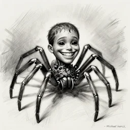 grunge cartoon sketch of a spider with a human head with a wide smile by - michael karcz, loony toons style, horror theme, detailed, elegant, intricate