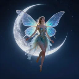 fairy magically floating high in the night, fantasy, crescent moon in background. highly detailed painting by gaston bussiere, craig mullins, j. c. leyendecker, mid shot, 8 k realistic, cryengine, frostbite 3 engine, sharp focus