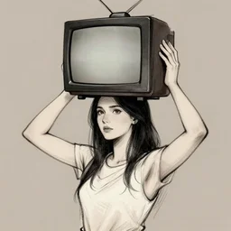 sketch of a woman wearing a TV over her head, trending on artstation
