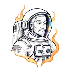 an ultradetailed tatoo outline of lao tzu as an astronaut helmet with a rainbow colored outline, intricate, elegant, illustration, digital painting, burning village in the background, 8 k, fine detail, art by greg rutkowski, frank frazetta, jack kirby, albert aublet, frank herbert, and alphonse mucha