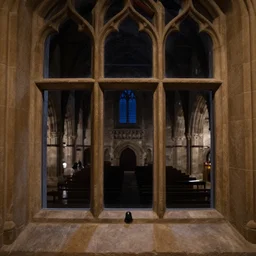 figure looking through a wide window, dark medieval hall, night