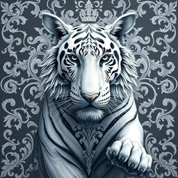 a full - body white tiger, wisdom, scrollwork + rococco + baroque + white ink + magical + symmetrical + detailed intricate + heraldic design + atmosphere + by peter mohrbacher and kentaro miura + high details, in the style of jean delville, artstation, 8 k, tarmo juhola, ivan laliashvili, james gurney,