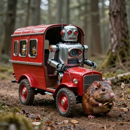 adventurer ( ( ( ( ( 1 9 5 0 s retro future robot android fat rat house wagon woods scene. muted colors. ) ) ) ) ) by jean baptiste monge!!!!!!!!!!!!!!!!!!!!!!!!! chrome red