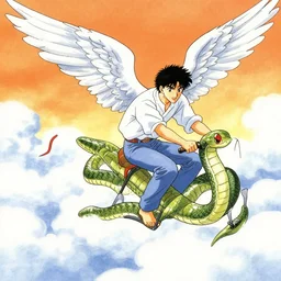 a man riding a snake with wings through the clouds by kentaro miura