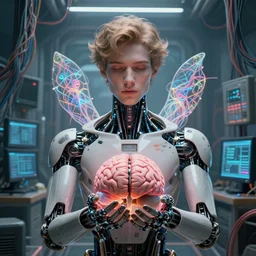 symmetric, a dreamy male android holding a brain, in a room full of wires and computers and neural networks, realistic face, sci - fi, ai, 4 k realistic, artem demura. alphonse mucha.