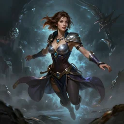 An epic fantastic realism comic book style portrait painting of a beautiful psychic sorcerous, short brown hair, floating in the air, D&D Concept Art, unreal 5, DAZ, hyperrealistic, octane render, cosplay, RPG portrait, dynamic lighting