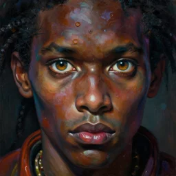 baroque neoclassicist close - up portrait of a dark and colorful sci - fi magician gazing intensely with big eyes. iridescent and reflective textures. highly detailed science fiction painting by norman rockwell, frank frazetta, and syd mead. rich colors, high contrast, gloomy atmosphere. trending on artstation and behance.