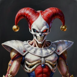 ultra realistic portrait painting of skeletor as a jester, art by akira toriyama, 4 k, dragon ball artstyle, cel shaded, highly detailed, epic lighting