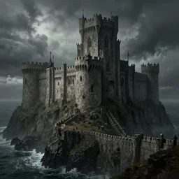 dragonstone castle from westeros by greg rutkowski, artstation and frank frazetta, extremely hyperdetailed, grim atmosphere, intricate stone architecture, sense of dread, ominous, ramparts, bulwarks, oceanside on a cliff