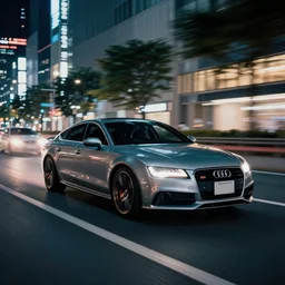 photo of a audi a 7 at night driving fast through a city, cinematic, 4 k, long exposure photography, tokyo drift, fast and furious, kodak portra 4 0 0