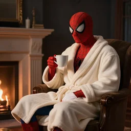 in a cozy dark room, spiderman in a bathrobe holds a cup of coffee and sits on an armchair by the fireplace, realistic light, soft light, focus, depth of field, photorealism, 8 k quality, high quality, realistic style, classicism painting