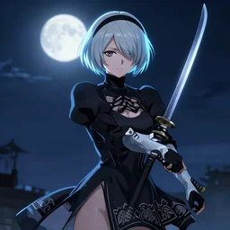 Nier Automata HOLDING A KATANA sideways | Moonlit Night | strong blue rimlit | visual-key | anime illustration by Yang-Do | highly detailed