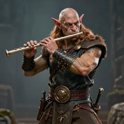 detailed photo of a Half-orc bard portrayed by Gary Busey playing a flute, 8k,by Tristan Eaton, Stanley Artgermm, Tom Bagshaw, Greg Rutkowski, Carne Griffiths, trending on DeviantArt, face enhance, hyper detailed ,full of color, dramatic lightning, epic stance