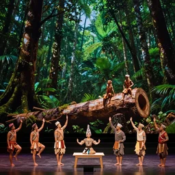 high quality, high detail, an opera performance about deforestation in kalimantan forest, photorealistic lighting