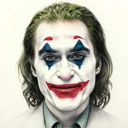 margot robbie with joker makeup, pencil drawing, realistic face, beautiful eyes, smiling, hyper realistic, highly detailed