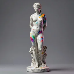 3D print marble sculpture of Emma Watson by Jean-Baptiste Carpeaux and Luo Li Rong and Michael James Talbot, standing posture hands behind back, colorful, bright psychedelic colors, bodypaint, acrylic paint splashes, full length shot, elegant, realistic, 8K, female full-skin figure, hyperrealism, subsurface scattering, raytracing, soft light, Octane Render, Redshift, Zbrush