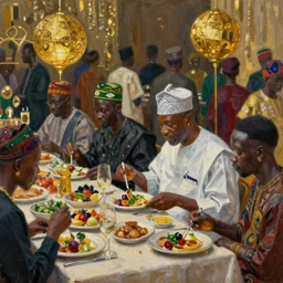president buhari eating at a regal buffet ultra detailed beautiful setting elegant event nigerian party minimalist gold ornaments iridescent lighting glamour in the style of edward hooper and henri matisse yinka shonibare oil painting
