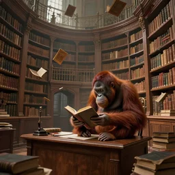 long shot, wide angle view, an orangutan sitting on a desk, reading a book in a library, books flying everywhere, victorian bookshelves from the unseen university, epic, master, illustration, concept art, 4 k