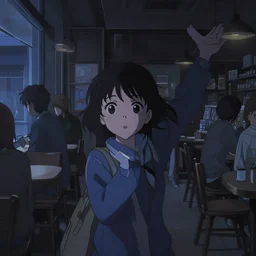 anime frames, anime visual, portrait of a young woman visiting a busy cafe interior at night shopping, very low light cute face by ilya kuvshinov and yoh yoshinari, katsura masakazu, mucha, dynamic pose, dynamic perspective, strong silhouette, anime cels, rounded eyes, blue tint, muted color, contrasting shadows