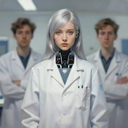 a portrait of a scientist android girl with silver hair wearing white lab coat by artgerm and wlop and krenz cushart, painterly