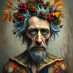 portrait of rick sanchez with intricate detailed color smashing fluid oil paint and acrylic on the body, berries and dried moss and dried autumn leaves headdress, haunting, elite, elegant, melting wax, mycelia, abstract impressionism, ruan jia, dark fantasy, hyper detailed, concept art, by gustav klimt, rick and morty