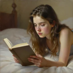 contemporary oil matte portrait painting, a girl reading a book, laying on a bed, detailed face, wonderful masterpiece highly detailed, beautiful cinematic light deep focus, elegant, smooth, sharp focus, golden ratio, dramatic illumination, ultra realistic, 8 k, art by nathan walsh and jimmy law