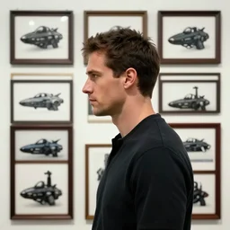 side profile centered portrait, man with a gun, spaceship in the background, james jean, frames, art nouveau. gloomhaven, swirly vibrant ripples, gaudy colors, sharp edges. poster, 8 k. elegant, intricate