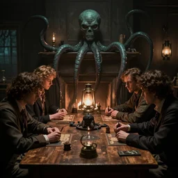 gatsby movie still - 4 ppl sit at table and play in role playing games, tentacle sneak around table, lovecraft, 1 9 century, oil lanterns, fireplace, evil fluid, darkness, sharp focus, bokeh effect, 8 k photo