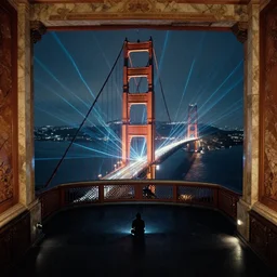a view looking down from the top of the golden gate bridge in london on a winter night, vintage kodak, lasers all over the scene, strobe lights, winter, dark scenery, dark lighting, cinematic, cold freezing nights, laser lights, crybernetic, top floor boss shit, destroy lonely, black floor, lavish, luxurious, marble walls, cinematic, hyper realism, high detail, octane render, 8 k