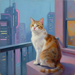 painting of a cat sitting on a balcony overlooking a futuristic cyberpunk city by lilia alvarado