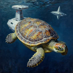 an epic chris foss painting of a biological turtle spaceship.