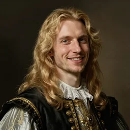portrait of a smiling blond handsome man with long hair in baroque art, anime inspired, High Res 8K,hyperdetailed