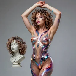 Vass Roland cover art body art pose future bass girl unwrapped smooth body arms up unfolds statue bust curls of hair petite lush front and front side view body photography model full body curly jellyfish lips art contrast vibrant futuristic fabric skin jellyfish material metal crystals veins style of Jonathan Zawada, Thisset colours simple background objective