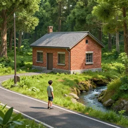 a boy is standing at the end of a road before a small brick building. around you is a forest. a small stream flows out of the building and down a gully, digital art, blender, unreal, 4 k, trending on artstation